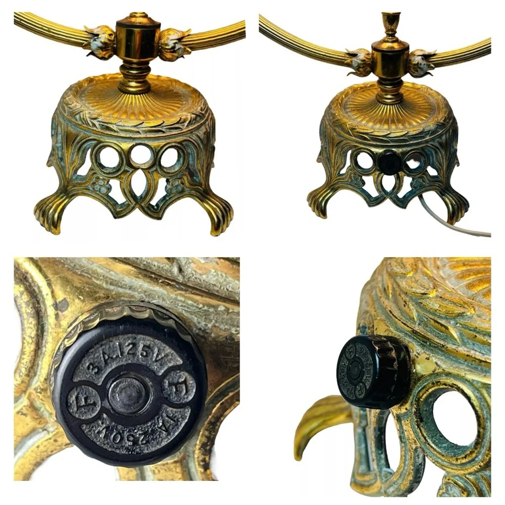 Vintage French‎ Ormolu Porcelain Flowers Tole Toleware Boudoir Gold Circle Lamp